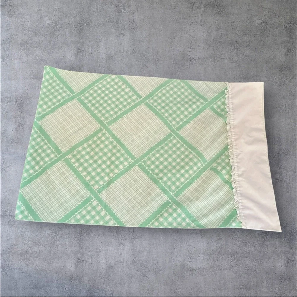 Fieldcrest Sheet Set Queen Green White‎ Gingham Excellent Vintage Lace Trim USA